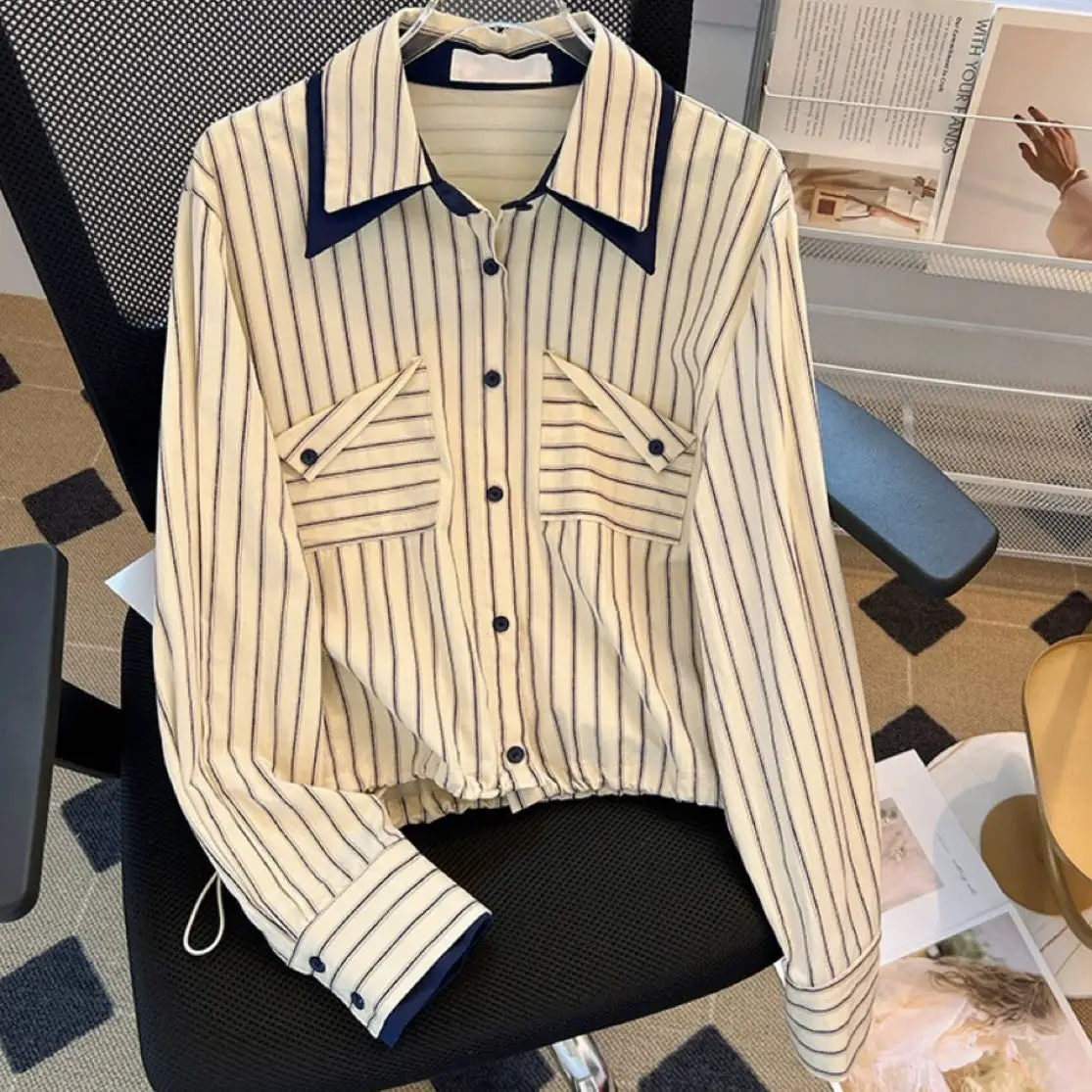 2023 Autumn New Fashion Long Sleeve Stripe Shirt Women's Short Style Korean Blouse Top
2023 Autumn New Fashion Long Sleeve Stripe Shirt Women's Short Style Korean Blouse Top