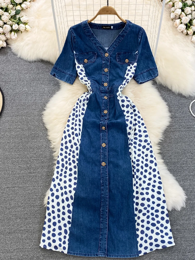 Fitaylor Summer Fashion V-Neck Single Breasted High Waist Slim Denim A-Line Dress Elegant Short Sleeve Dot Patchwork Dresses
Fitaylor Summer Fashion V-Neck Single Breasted High Waist Slim Denim A-Line Dress Elegant Short Sleeve Dot Patchwork Dresses