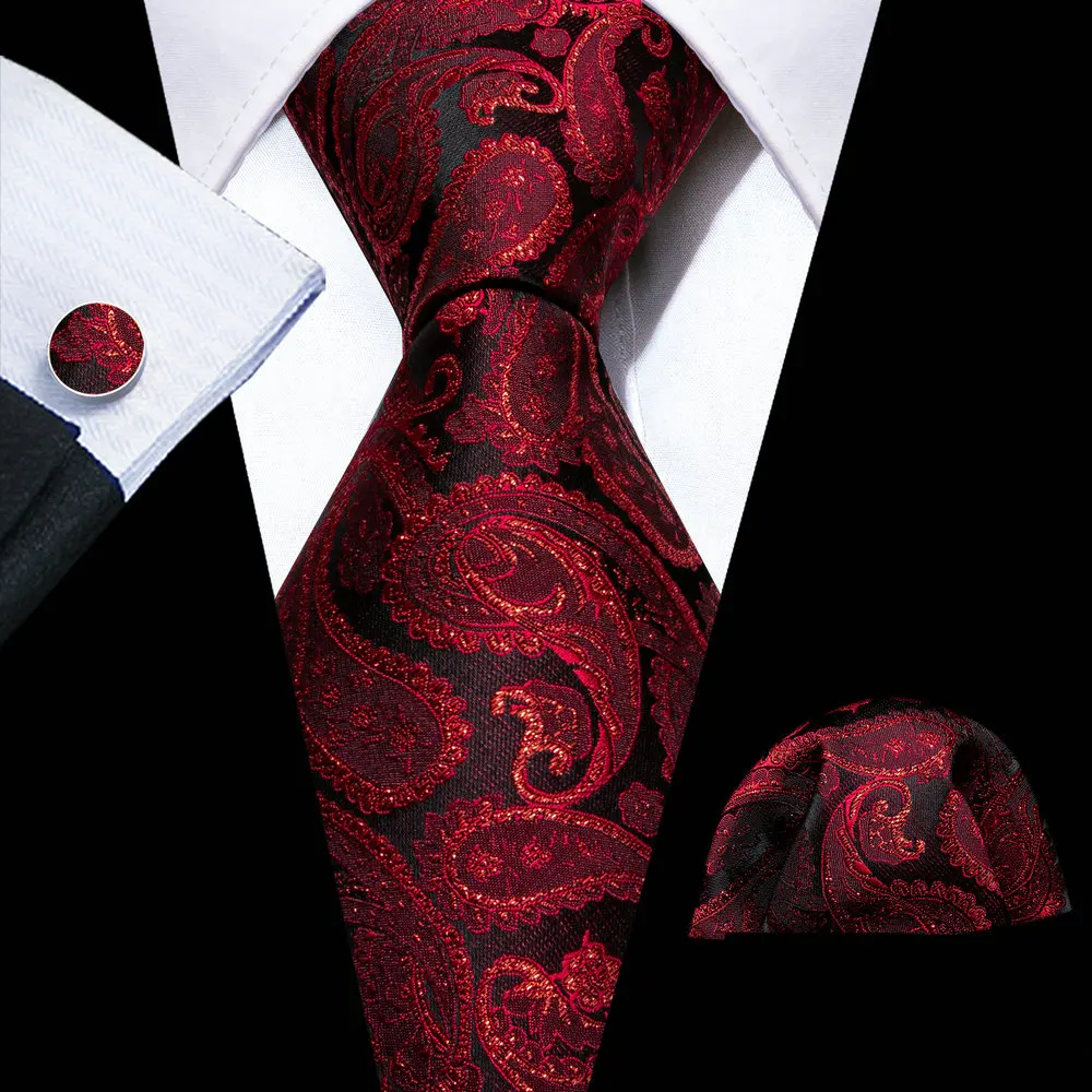 

Fashion Red Paisley Men Silk Necktie Brooches Men Tie Handkerchief Cufflinks Sets Men Gift Barry.Wang Designer FA-5827