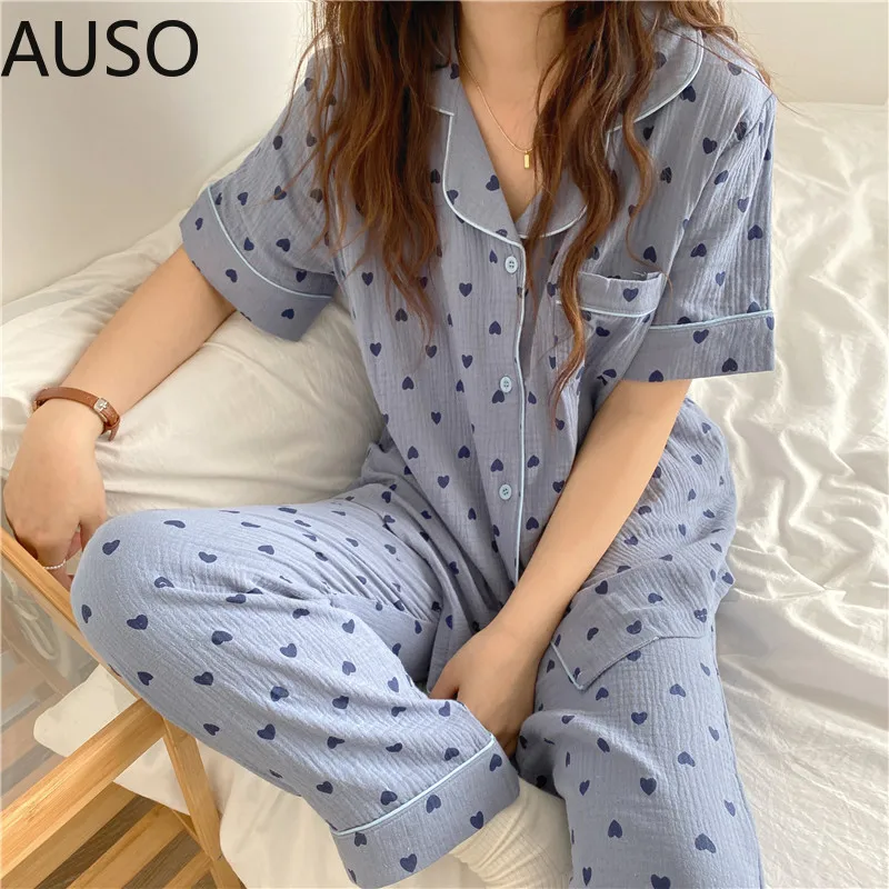 women pajama set short sleeve love heart print cotton sleepwear 2 piece set homewear clothes blouse pijamas pants home suit
women pajama set short sleeve love heart print cotton sleepwear 2 piece set homewear clothes blouse pijamas pants home suit