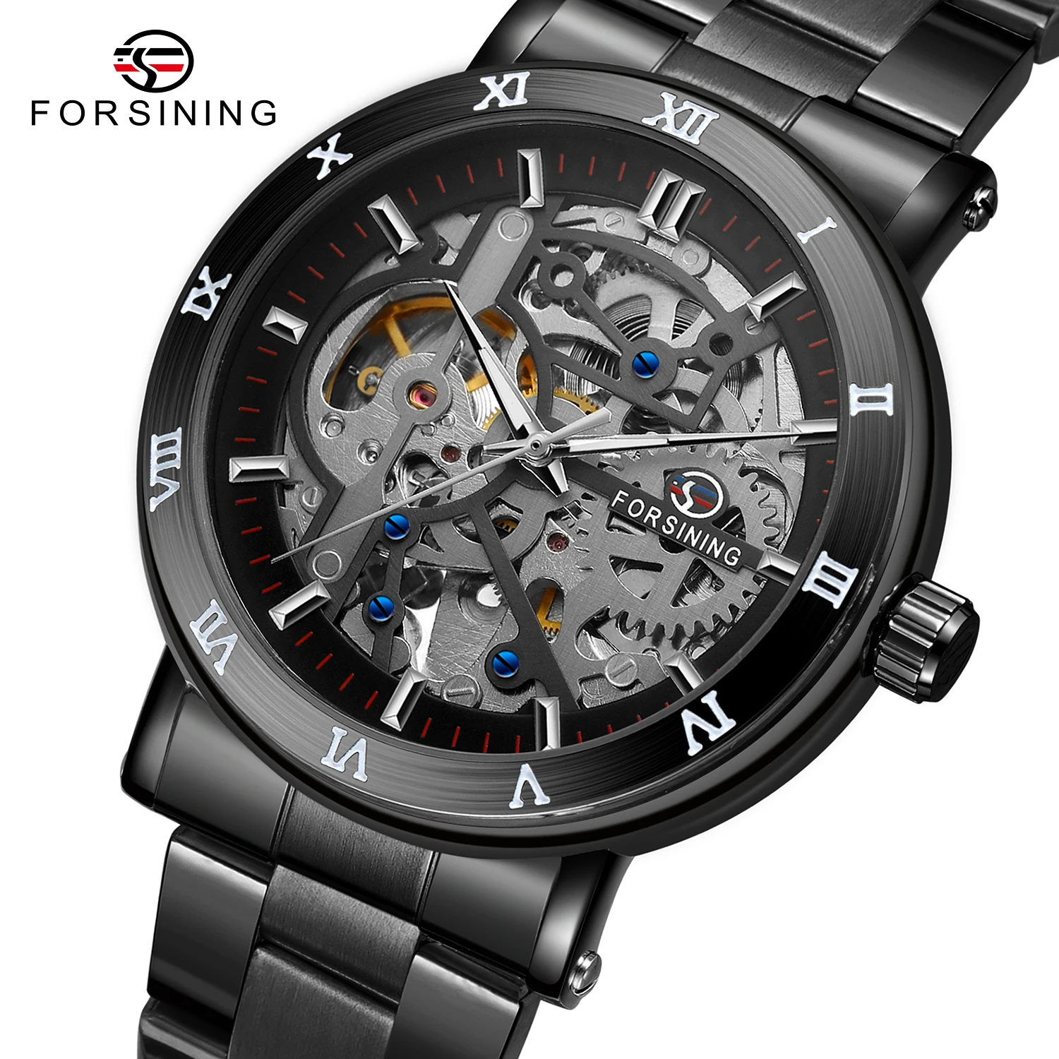 

Luxury Brand Relojes Montre Mens Skeleton Automatic Mechanical Watch Roman Number Dial Wrist Watch Black Stainless Steel Band
