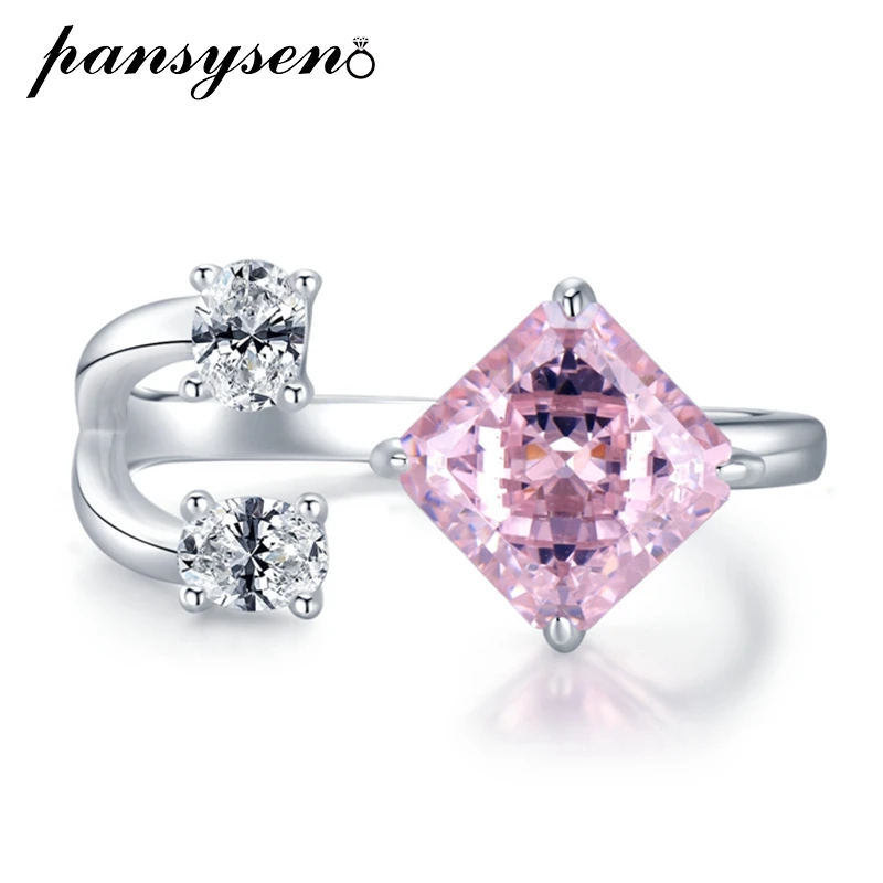 

PANSYSEN Romantic 925 Sterling Silver Radiant Cut Pink Sapphite Simulated Moissanite Diamond Wedding Engagement Rings for Women