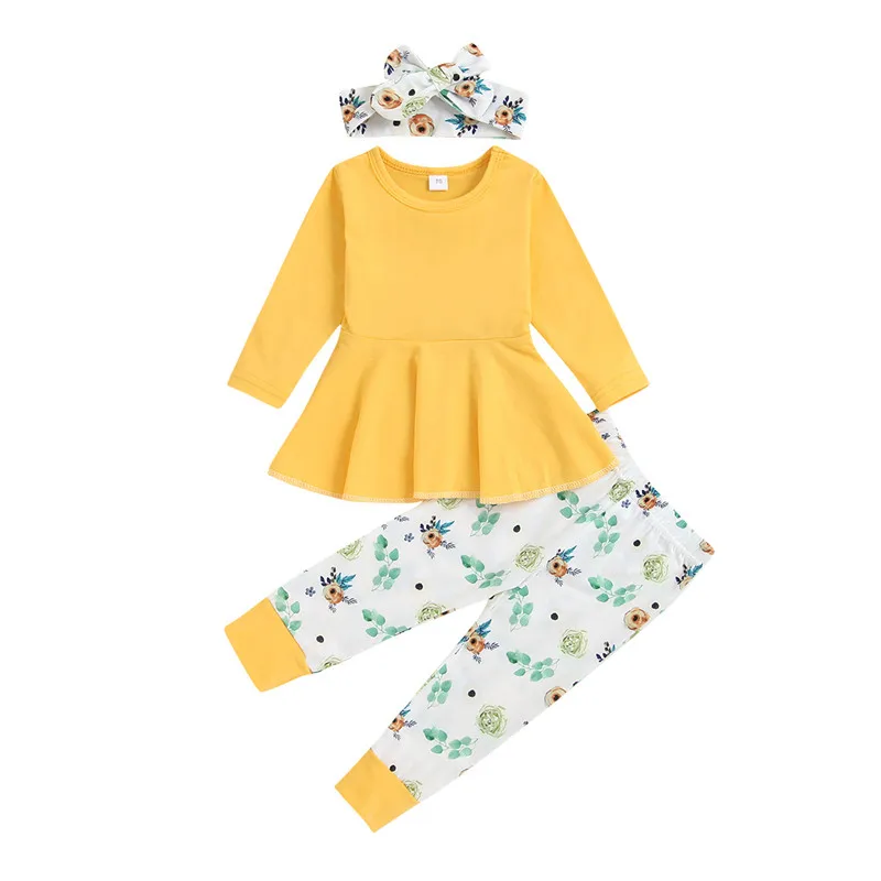 3Pcs Little Girls Outfit Solid Color Long Sleeve Flouncing Hem Round Collar Tops + Floral Printing Pants + Headwear Set
3Pcs Little Girls Outfit Solid Color Long Sleeve Flouncing Hem Round Collar Tops + Floral Printing Pants + Headwear Set
