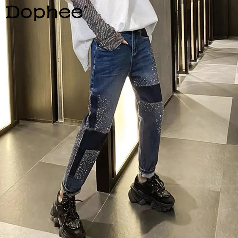 Color Contrast Patchwork Diamond Denim Pants Women High Waist Straight Loose Slim Baggy Jeans 2021 Autumn Winter Harem Trousers 
Color Contrast Patchwork Diamond Denim Pants Women High Waist Straight Loose Slim Baggy Jeans 2021 Autumn Winter Harem Trousers
