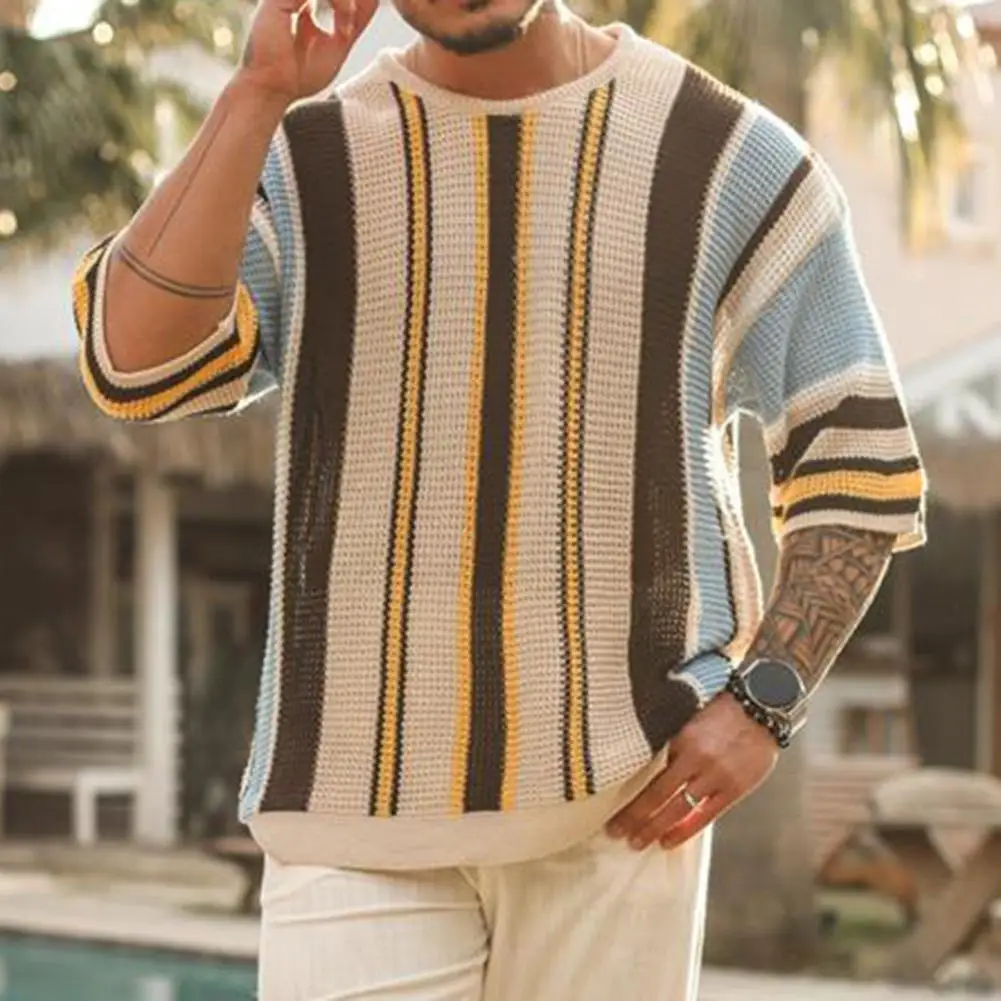 Men Sweater Striped Print Round Neck Knitted Half Sleeve Color Matching Loose Pullover Elastic Anti-shrink Men Summer Fall Sprin
Men Sweater Striped Print Round Neck Knitted Half Sleeve Color Matching Loose Pullover Elastic Anti-shrink Men Summer Fall Sprin