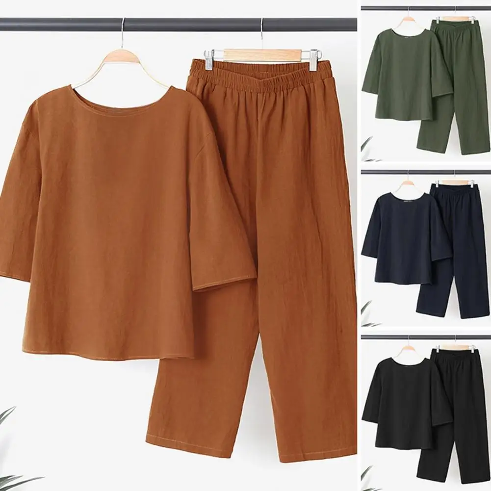 Women Top Pants Suit Solid Color Elastic Waist Quick Dry O Neck Two Pieces Cotton Linen Loose Wide Leg Blouse Trousers Set
Women Top Pants Suit Solid Color Elastic Waist Quick Dry O Neck Two Pieces Cotton Linen Loose Wide Leg Blouse Trousers Set
