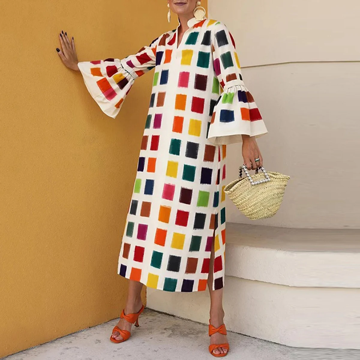 Female Summer Loose Waist V-neck Multi-Colored Original Split-Joint Flared Sleeves Plaid Midi Elegance Dress for Women 2023 New
Female Summer Loose Waist V-neck Multi-Colored Original Split-Joint Flared Sleeves Plaid Midi Elegance Dress for Women 2023 New