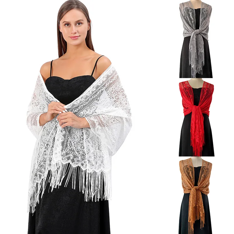 Women Lace Shawl Hollow Fringed Long Scarf Ethnic Style Solid Color Transparent Printing Capes Female Wedding Party Dress Shawl
Women Lace Shawl Hollow Fringed Long Scarf Ethnic Style Solid Color Transparent Printing Capes Female Wedding Party Dress Shawl