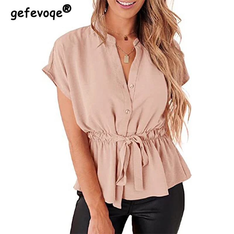 Women Casual Fashion Stand Collar Buttons Tunic Lacing Loose Blouse Summer Comfortable Breathable Top Short Sleeve Pure Shirts
Women Casual Fashion Stand Collar Buttons Tunic Lacing Loose Blouse Summer Comfortable Breathable Top Short Sleeve Pure Shirts