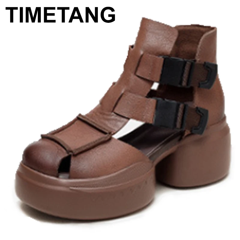 

New First Layer Cowhide Closed Toe Platform Wedge Roman Sandals Women's Leather shoes Hollow-out Sandal Boots Ankle Boots