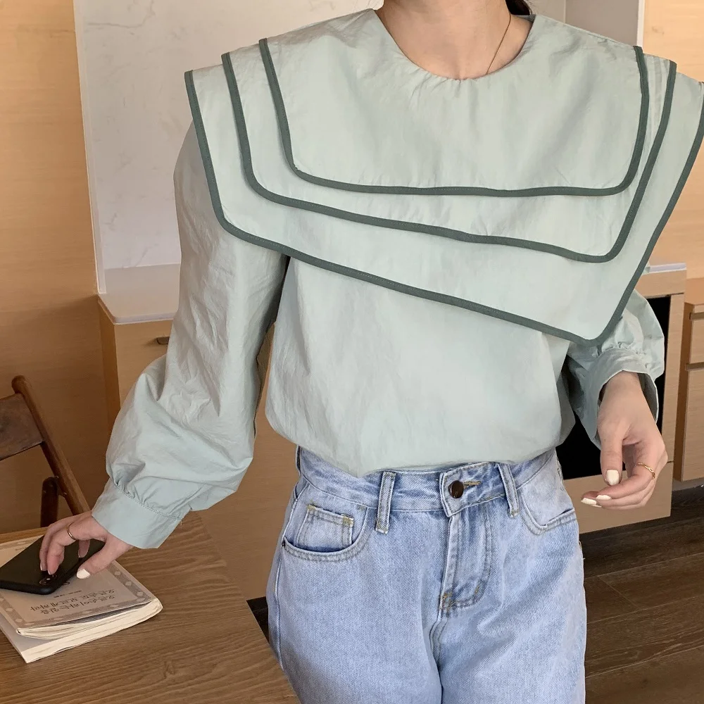 Early Spring Age-reducing Women Blouse Navy Style Large Lapel Edging Contrast Color Loose Long-sleeved Shirt Blusas De Mujer
Early Spring Age-reducing Women Blouse Navy Style Large Lapel Edging Contrast Color Loose Long-sleeved Shirt Blusas De Mujer