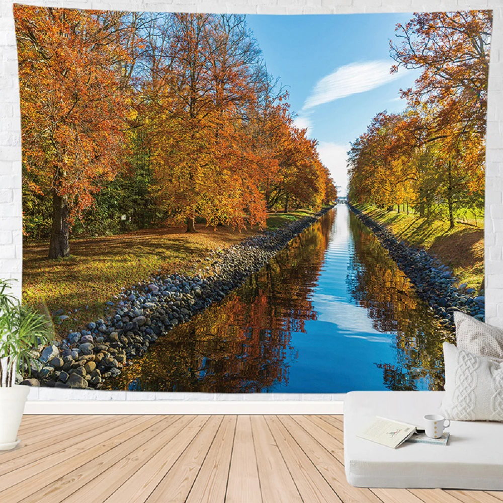 

Autumn Yellow Leaves Tree River View Tapestry Forest Sun Rays Fallen Leaves Tapestries Bedroom Living Room Decor Wall Hanging