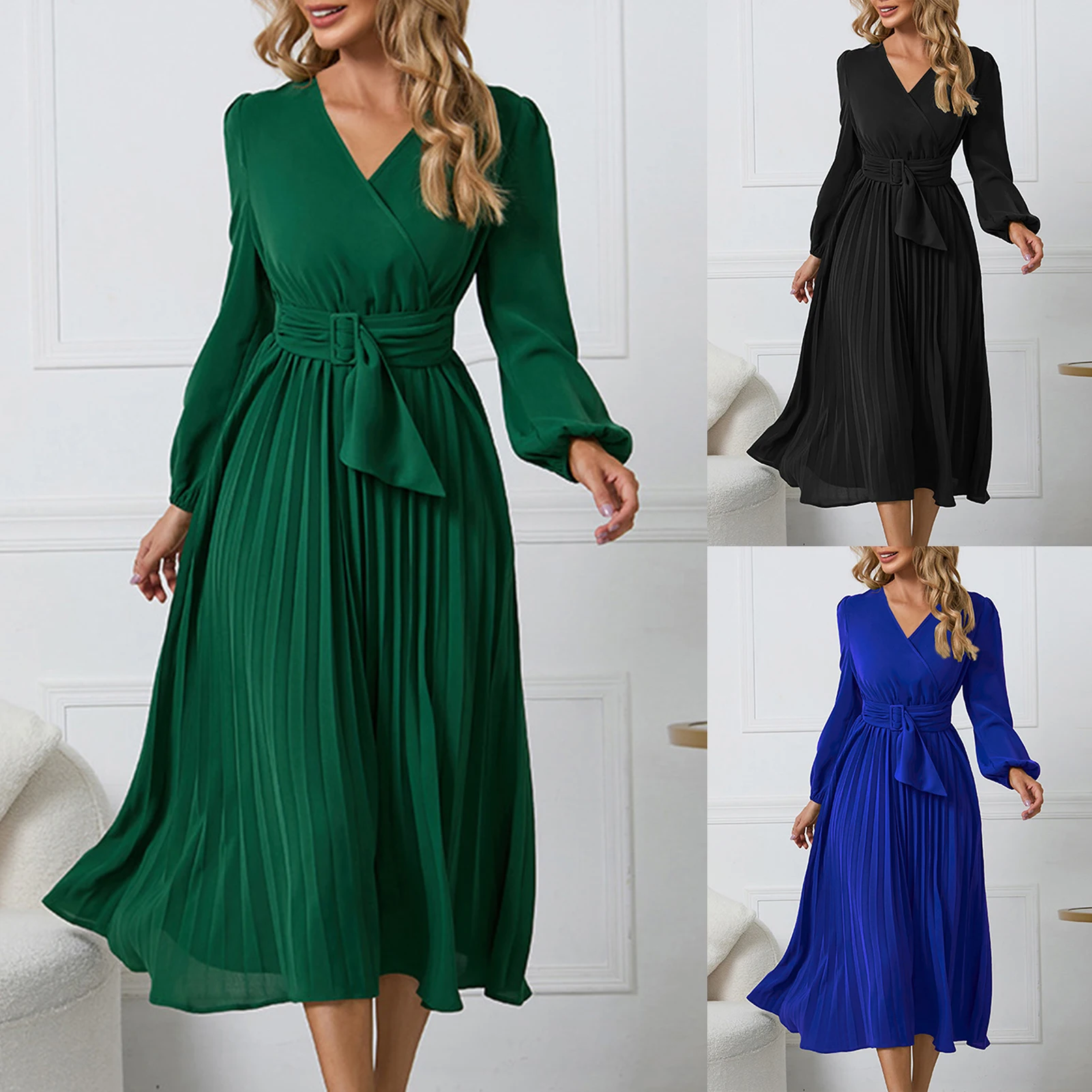 

Women Pleated Belted Dress Slim Fit V-Neck Ruched Dress Elegant Pullover Solid Color with Belted Cocktail Formal Dress