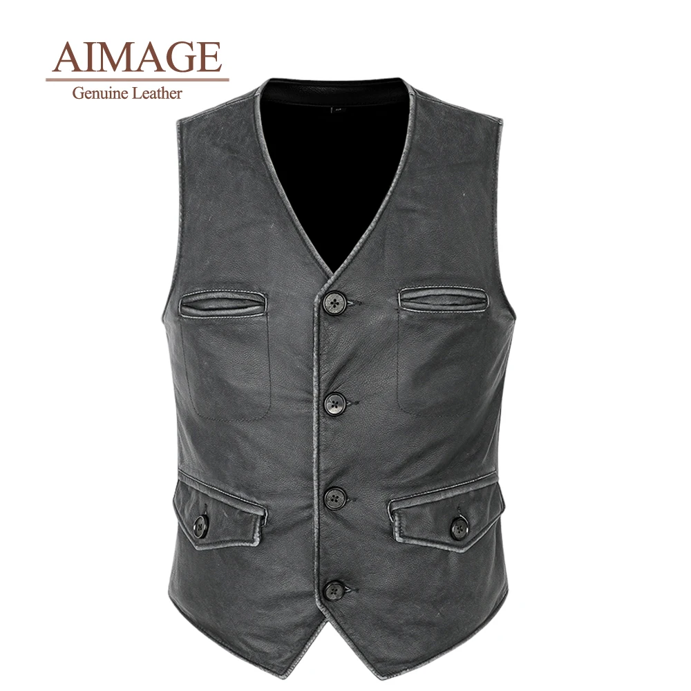 

Cow Leather Vest Men Autumn V Collar Pockets Mans Waistcoat Single Button 망사쪼끼남성 Slim Fit Vintage Sleevelesss Gilet Biker PY476