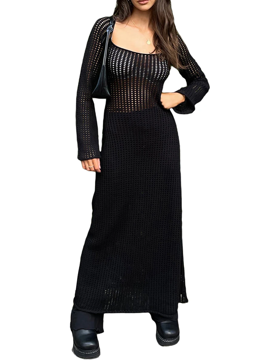 Женское вязаное платье-футболка макси с длинным рукавом и глубоким круглым вырезом 
Женское вязаное платье-футболка макси с длинным рукавом и глубоким круглым вырезом