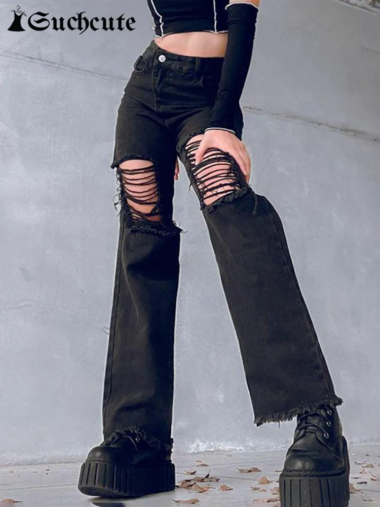 SUCHCUTE Gothic Ripped Women Jeans Dark Academic Streetwear Casual Denim Trousers Korean Fashion Punk Style Black Cargo Pants
SUCHCUTE Gothic Ripped Women Jeans Dark Academic Streetwear Casual Denim Trousers Korean Fashion Punk Style Black Cargo Pants