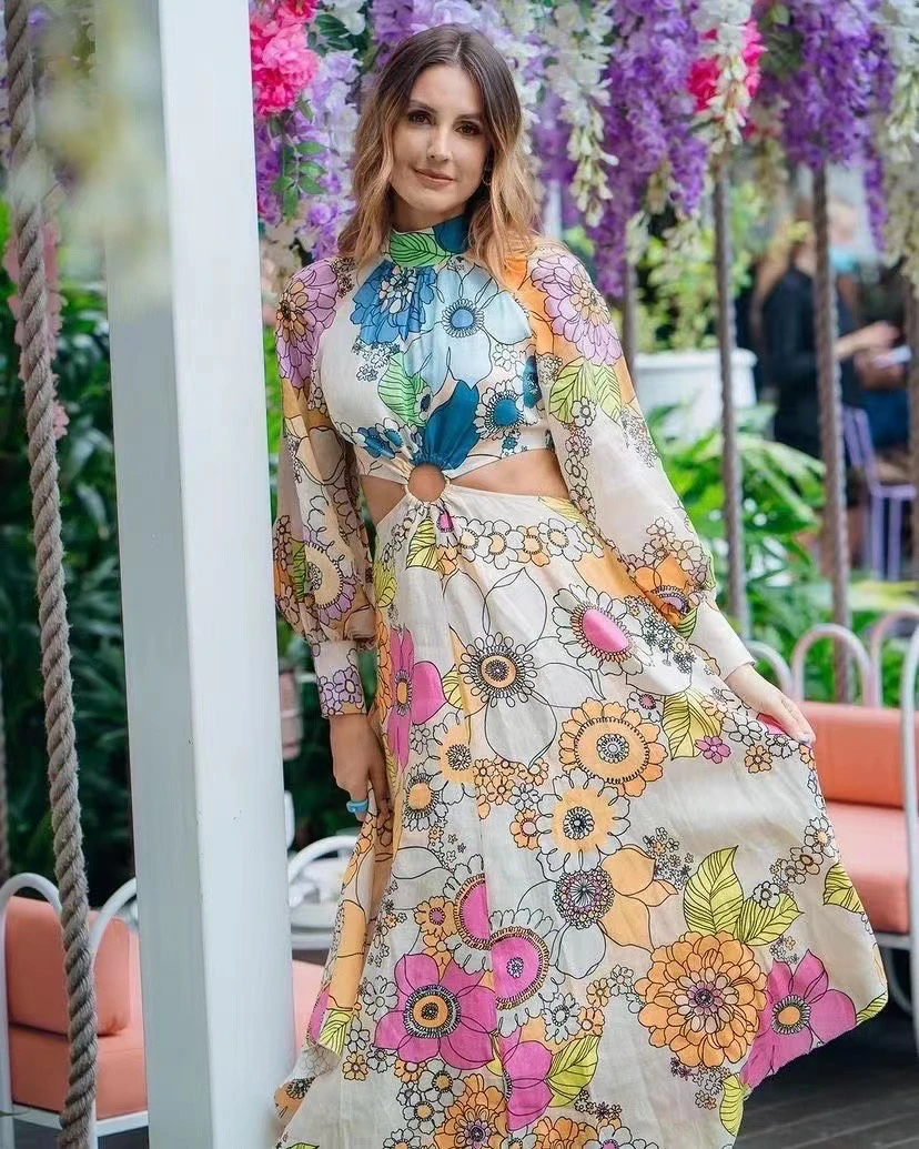 Flower Print Women Linen Long Dress Lantern Long Sleeve Stand Collar Hollow Out Waist Bandage Backless midi dress
Flower Print Women Linen Long Dress Lantern Long Sleeve Stand Collar Hollow Out Waist Bandage Backless midi dress