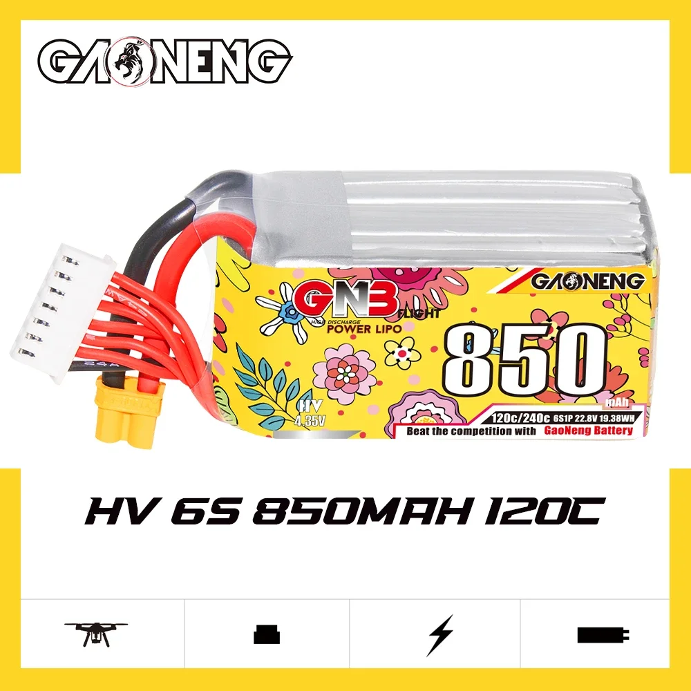 Gaoneng GNB 6S1P 850mAh 22.8V 120C HV Lipo Battery XT30 XT60 Plug For FPV Racing Drone RC Models Multicopter Helicopter Parts
Gaoneng GNB 6S1P 850mAh 22.8V 120C HV Lipo Battery XT30 XT60 Plug For FPV Racing Drone RC Models Multicopter Helicopter Parts