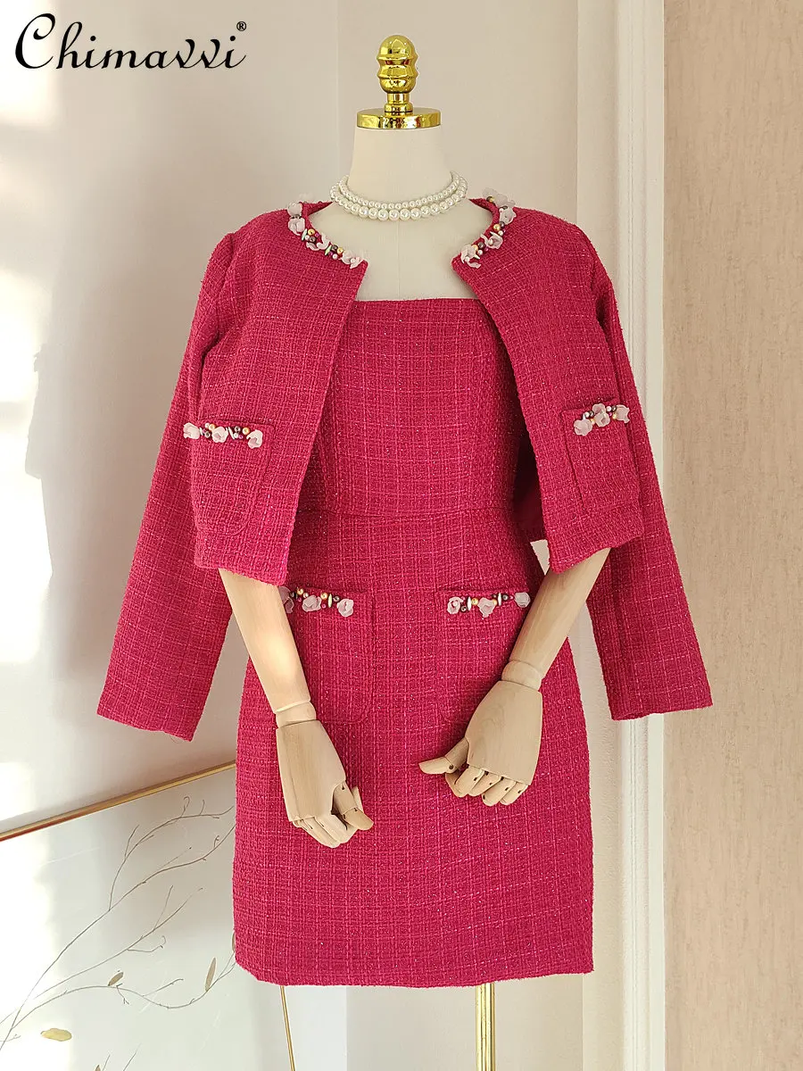 French Style Socialite Style Tweed Bright Silk Beaded 3D Flower Strap Waist Dress Round Neck Cardigan Coat Temperament Twinset
French Style Socialite Style Tweed Bright Silk Beaded 3D Flower Strap Waist Dress Round Neck Cardigan Coat Temperament Twinset