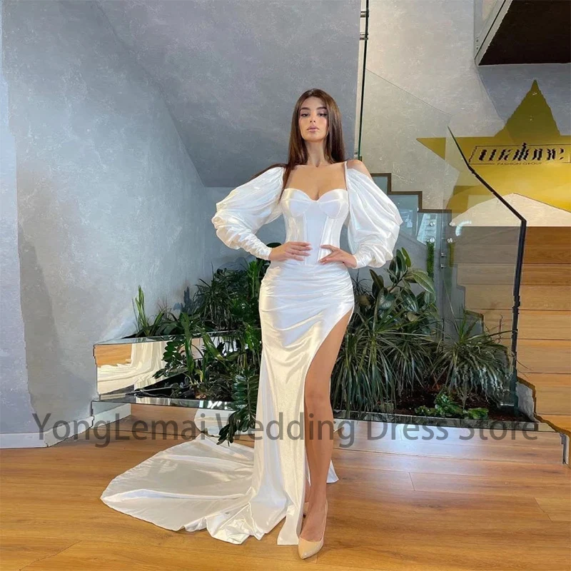 Mermaid High Slit Side Puffy Long Sleeves Exposed Boning Celebrity Wedding Gowns Robe De Soiree Sexy White Satin Evening Dresses
Mermaid High Slit Side Puffy Long Sleeves Exposed Boning Celebrity Wedding Gowns Robe De Soiree Sexy White Satin Evening Dresses