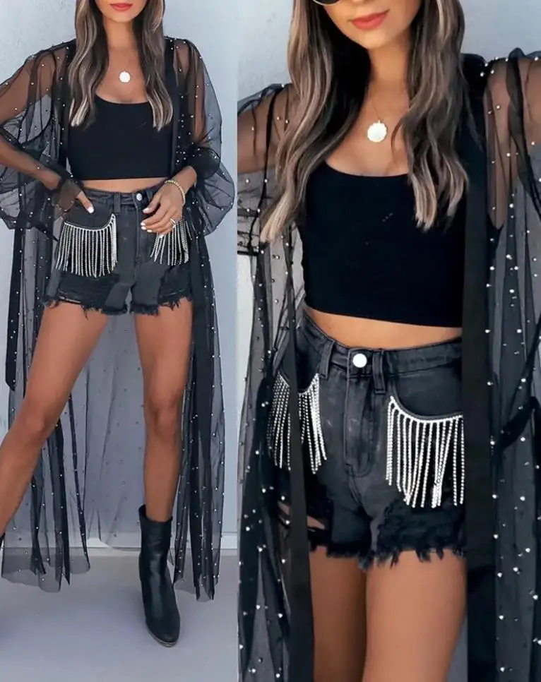 Women's Tops Casual Blouses Capes Beaded Decor Lantern Sleeve Sheer Mesh Longline Top Open Front Coat Summer
Women's Tops Casual Blouses Capes Beaded Decor Lantern Sleeve Sheer Mesh Longline Top Open Front Coat Summer