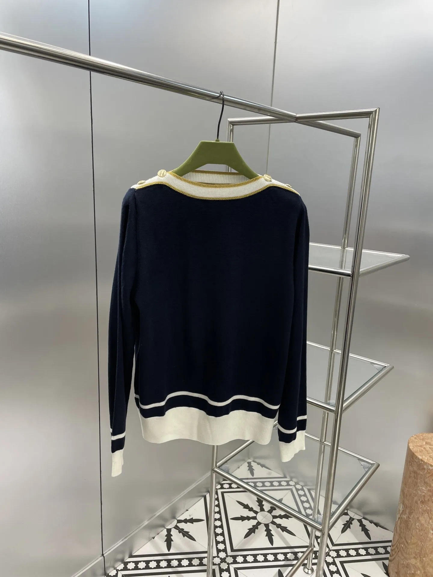 New for Spring 2023 A Neckline Knit White Panels Navy Blue Gold and Silver Thread Button Trim Breathable Top Sweater
New for Spring 2023 A Neckline Knit White Panels Navy Blue Gold and Silver Thread Button Trim Breathable Top Sweater