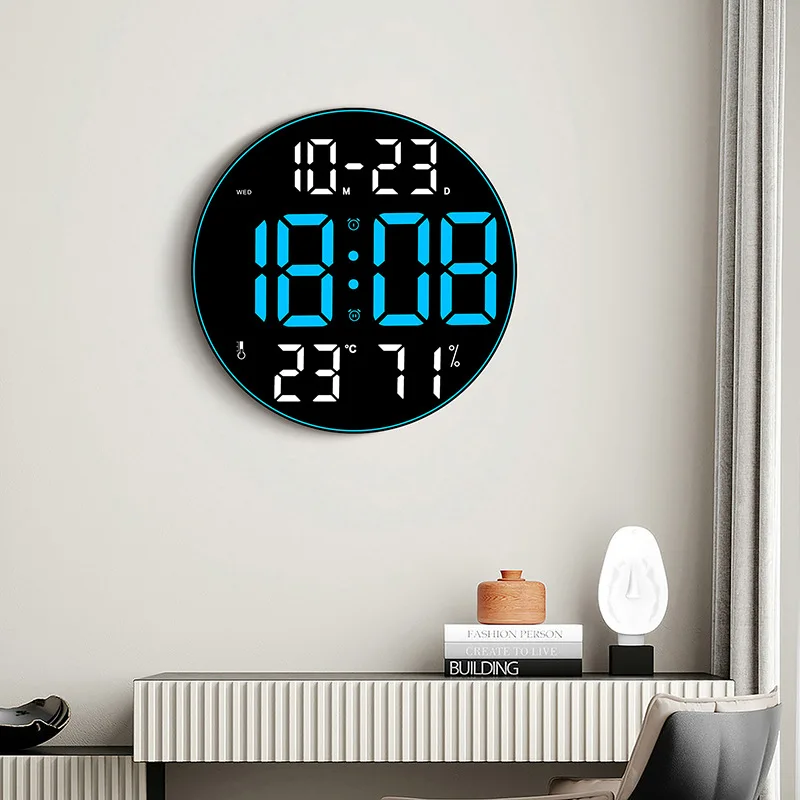 

Круглые светодиодные настенные часы с дистанционным управлением, электронные цветные цифровые часы с будильником, отображением даты, времени, недели, температуры и влажности