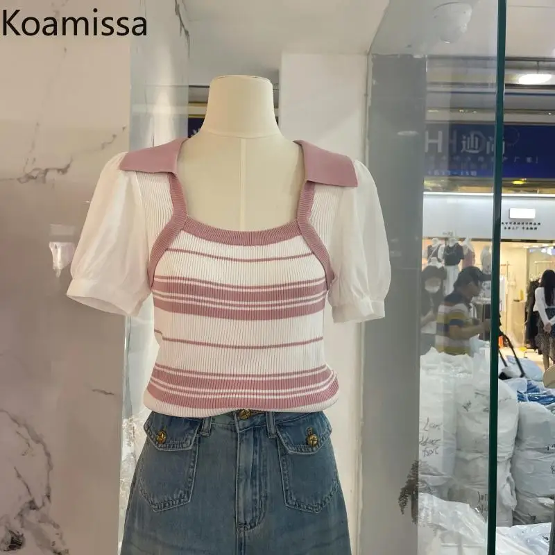 Koamissa Sweet French Short Sleeves Knitted Pullovers for Women Fashion Patchwork Turn-down Collar Striped Tshirt Cropped Tops
Koamissa Sweet French Short Sleeves Knitted Pullovers for Women Fashion Patchwork Turn-down Collar Striped Tshirt Cropped Tops