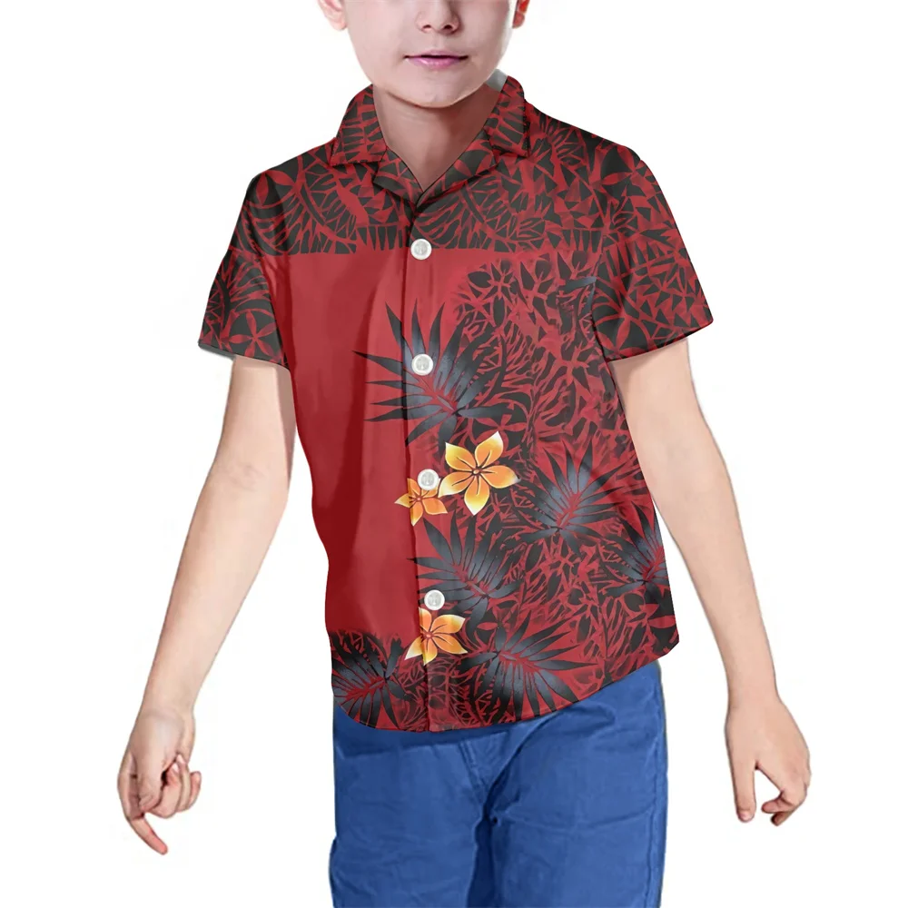

Summer Short Sleeve Boy Shirt Polynesian Tribal Red Frangipani and Leaves Print Custom 5-16 Years New Design Boy Kids Clothing
