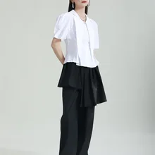 Simple design sense stitching fake two pieces pleated asymmetric suit slacks high waist wide leg pants women