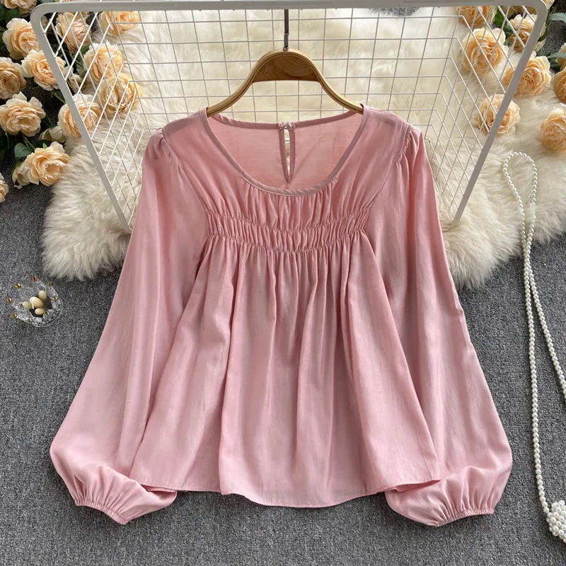 2022 spring new round neck solid color pleated versatile lady long sleeved shirt Tops ladies blouses
2022 spring new round neck solid color pleated versatile lady long sleeved shirt Tops ladies blouses