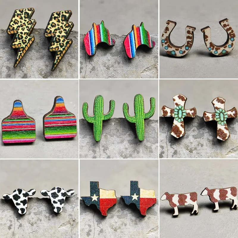 

National Sunflower Knight Boots Earrings Wood Cactus Leopard Lightning Cow Horse Head Cross Religious Earrings