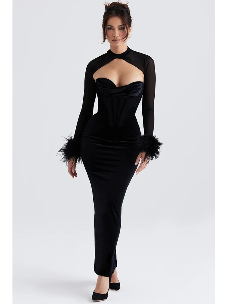 Sexy Mesh Long Sleeve Feather Long Dress Elegant Black Stand Collar Black Velvet Two Pieces Dress Set Evening Party Club Dress
Sexy Mesh Long Sleeve Feather Long Dress Elegant Black Stand Collar Black Velvet Two Pieces Dress Set Evening Party Club Dress