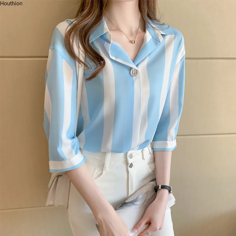 Women's Blouses Chiffon Casual Polo Korean Loose Fashion Stripe Summer Short Sleeve Top Female Clothing
Women's Blouses Chiffon Casual Polo Korean Loose Fashion Stripe Summer Short Sleeve Top Female Clothing