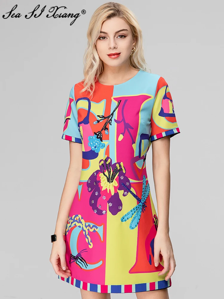 Seasixiang Fashion Designer Spring Summer Women Dress O-Neck Short Sleeve Crystal Beading Print High Street Mini Dresses
Seasixiang Fashion Designer Spring Summer Women Dress O-Neck Short Sleeve Crystal Beading Print High Street Mini Dresses