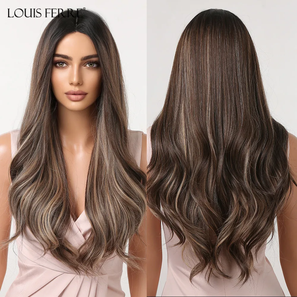 

LOUIS FERRE Long Brown Highlight Body Wavy Hair Wigs Ombre Mixed Brown Curly Synthetic Wig Middle Parting Daily Natural Hairline