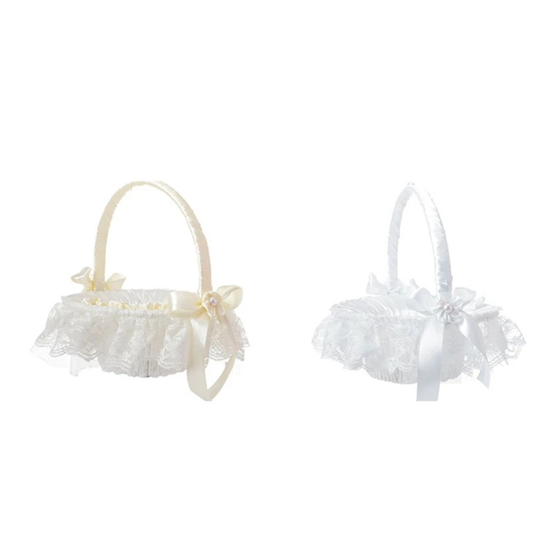 

Flower Girl Basket with Handle Small Satin Cloth Baskets with Lace Bows and Faux Flowers Decor for Wedding Ceremony