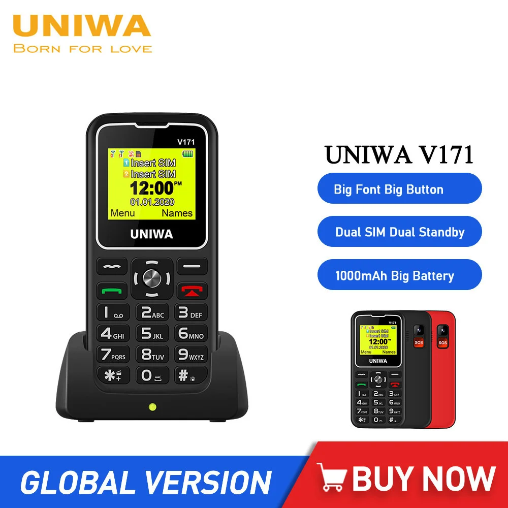 

UNIWA V171 1.77" 2G GMS Feature Phone Wireless FM Senior MobilePhone 1000mAh For Elderly People Cellphone Free Charge Dock SOS