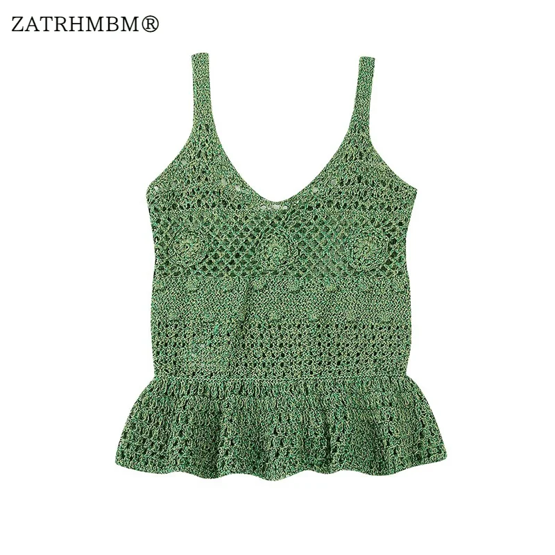 

ZATRHMBM Women 2023 Summer New Fashion Crochet Jacquard Mesh Tank Tops Vintage Sleeveless Sexy Backless Female Camis Mujer