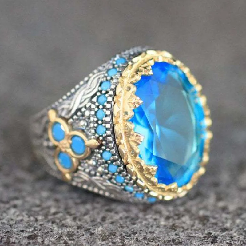 

Exquisite Round Inlaid Blue Stone Sky Blue Zircon Rings Fashion Metal Two Tone Engagement Wedding Rings for Women Men Jewelry