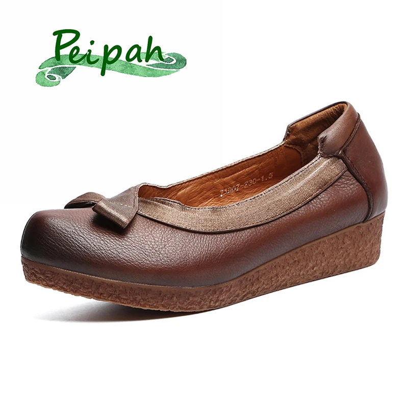 

PEIPAH New Retro Genuine Leather Shoes Woman Slip on Ballet Flats Female Casual Shallow Loafers Ladies Spring/Autumn Footwear