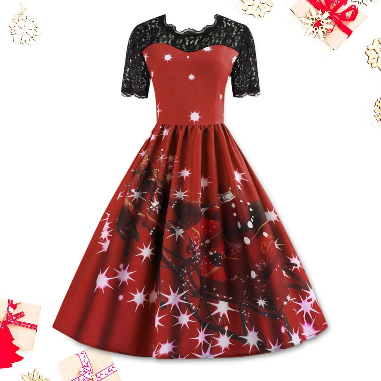 

Женское рождественское платье, сексуальное кружевное лоскутное вечернее платье с коротким рукавом, мягкое элегантное вечернее платье для выпускного вечера, винтажное свободное платье