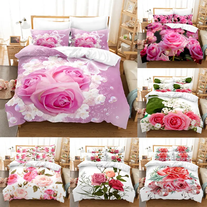 

Pink Rose Bedding Set Linens Quilt Duvet Cover Comforter 3D Pillow Case Double Full King Queen Twin Single 3PCS 2PCS Home Texile