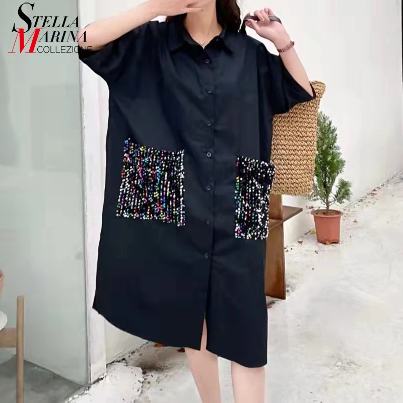 Big Size Woman Summer Casual Clothing Black White Straight Shirt Dress Sequined Big Pocket Unique Streetwear Midi Robe MWW1022
Big Size Woman Summer Casual Clothing Black White Straight Shirt Dress Sequined Big Pocket Unique Streetwear Midi Robe MWW1022