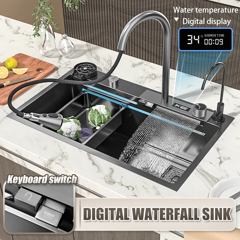 Waterfall Kitchen Sink Stainless Steel Large Single Bowl Wash Basin Multifunctional Dishwasher Digital display Sink Faucet
Waterfall Kitchen Sink Stainless Steel Large Single Bowl Wash Basin Multifunctional Dishwasher Digital display Sink Faucet