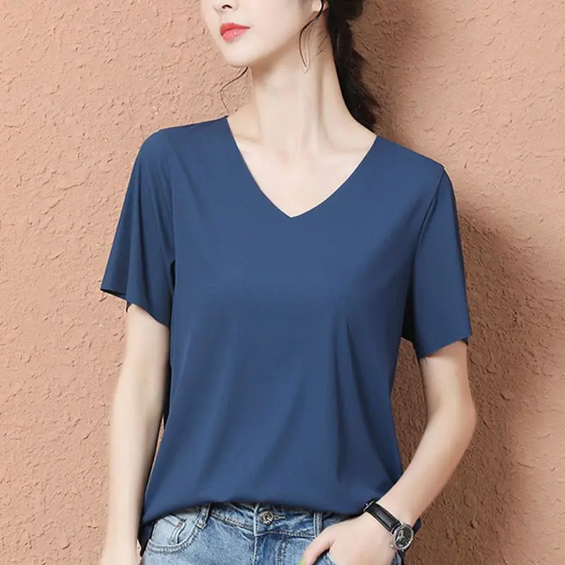 Summer Women's Ice Silk Short-sleeved T-shirts Tops Female Solid Color Fashion Casual Tops Ladies Bandage Tops Clothing G161
Summer Women's Ice Silk Short-sleeved T-shirts Tops Female Solid Color Fashion Casual Tops Ladies Bandage Tops Clothing G161