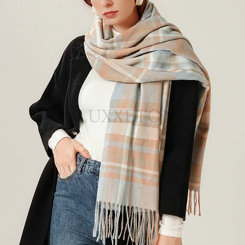 

Женский осенне-зимний шарф, кашемировый шарф на ощупь, на весну и осень, большое одеяло, Классическая клетчатая шаль, мягкая теплая накидка