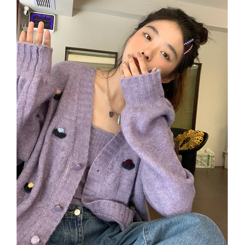 Women's Clothing Two Piece Set Sweater Vintage Outerwear Purple Suspenders Coat Long Sleeves Winter Cardigan Knitting Short Tops
Women's Clothing Two Piece Set Sweater Vintage Outerwear Purple Suspenders Coat Long Sleeves Winter Cardigan Knitting Short Tops