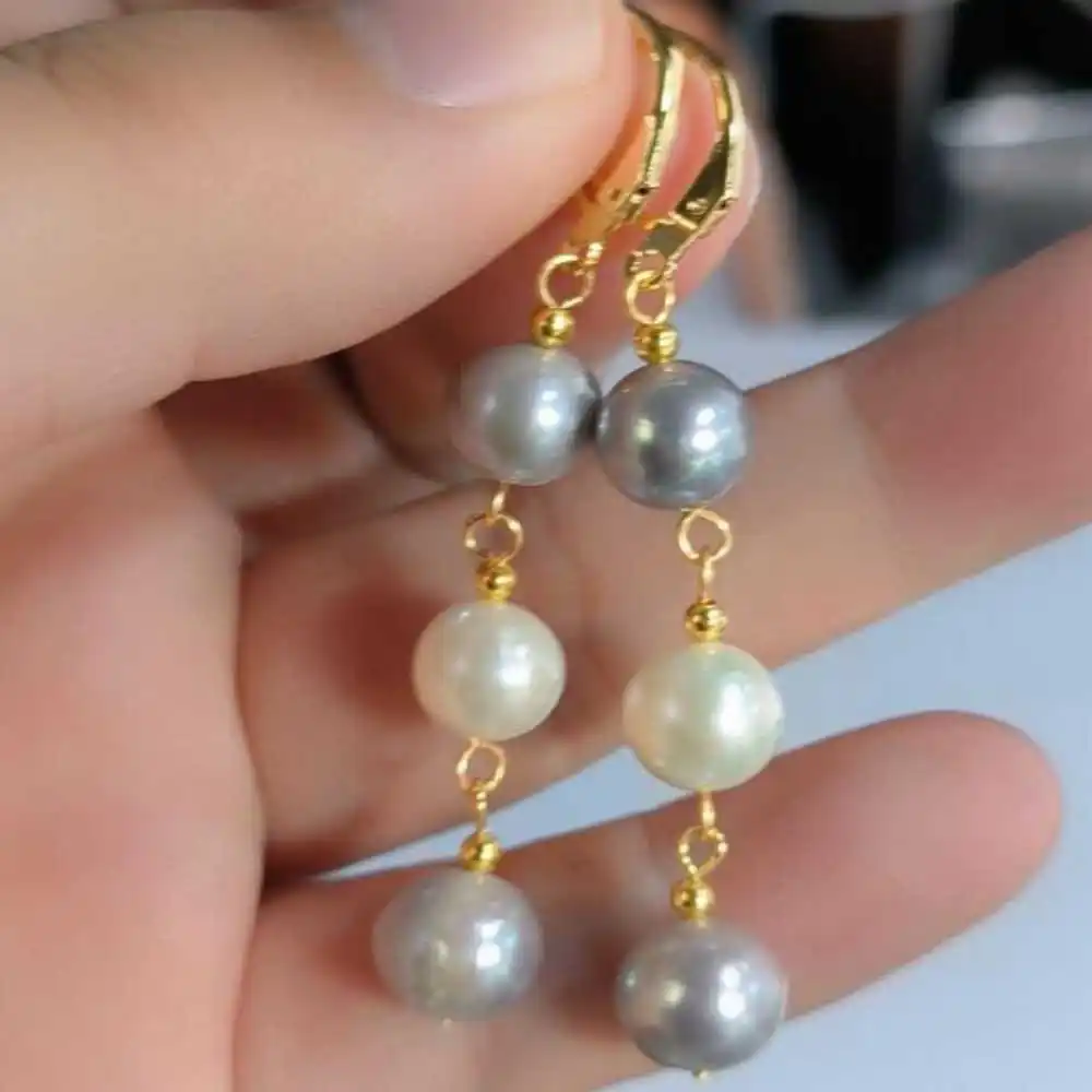 

9-10MM Natural Baroque White Gray pearl Dangle Earrings 14K Freshwater FOOL'S DAY Aquaculture Holiday gifts Beautiful Hook