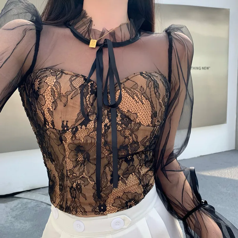 Sexy Lace Patchwork Shirts Women Spring Summer New Mesh Inside Base Crop Tops Elegant Lace-up See-through Long Sleeve Blouse
Sexy Lace Patchwork Shirts Women Spring Summer New Mesh Inside Base Crop Tops Elegant Lace-up See-through Long Sleeve Blouse